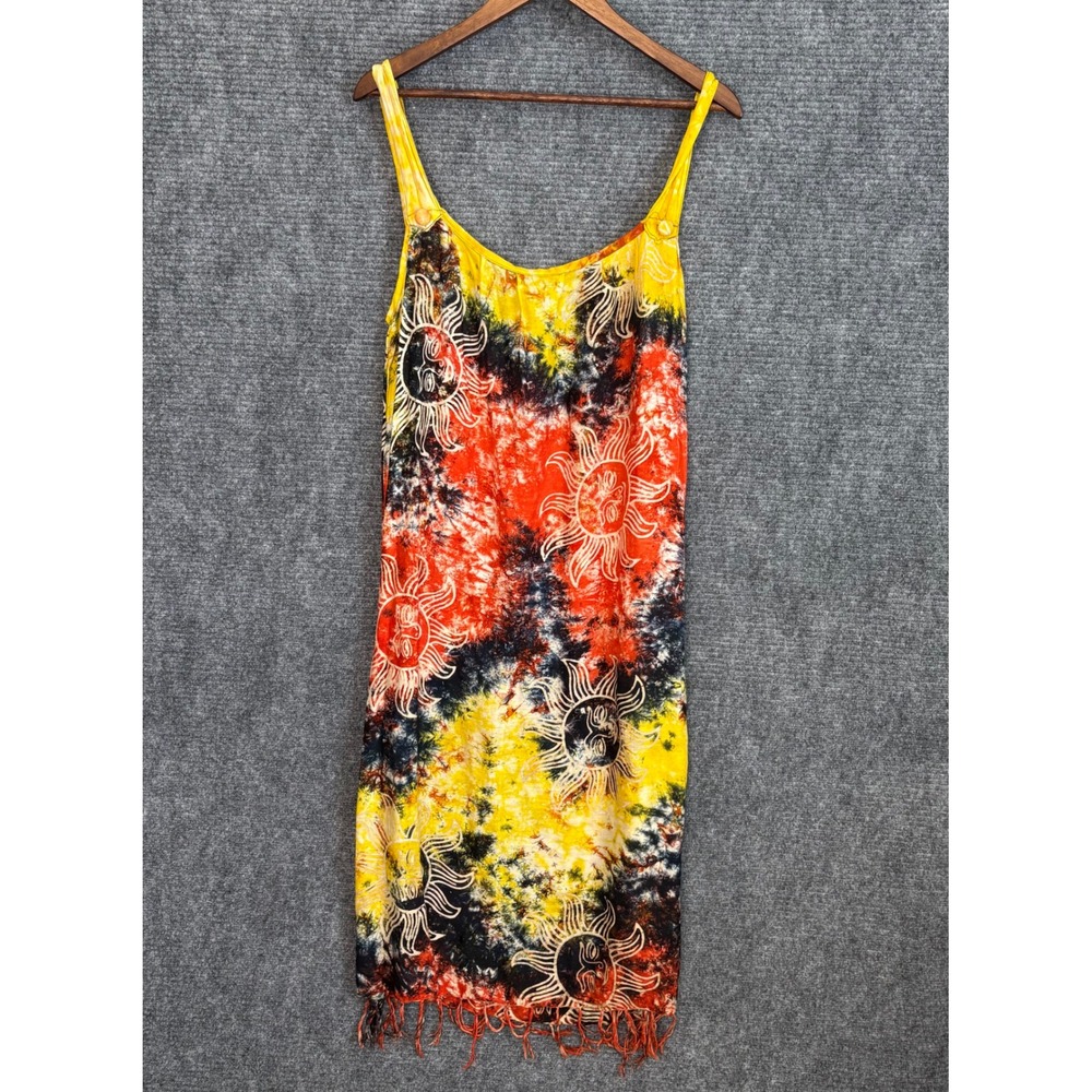 Squeeze Vintage 90s Sun Celestial Tie Dye Fringe Rayon Dress Womens Yellow Red